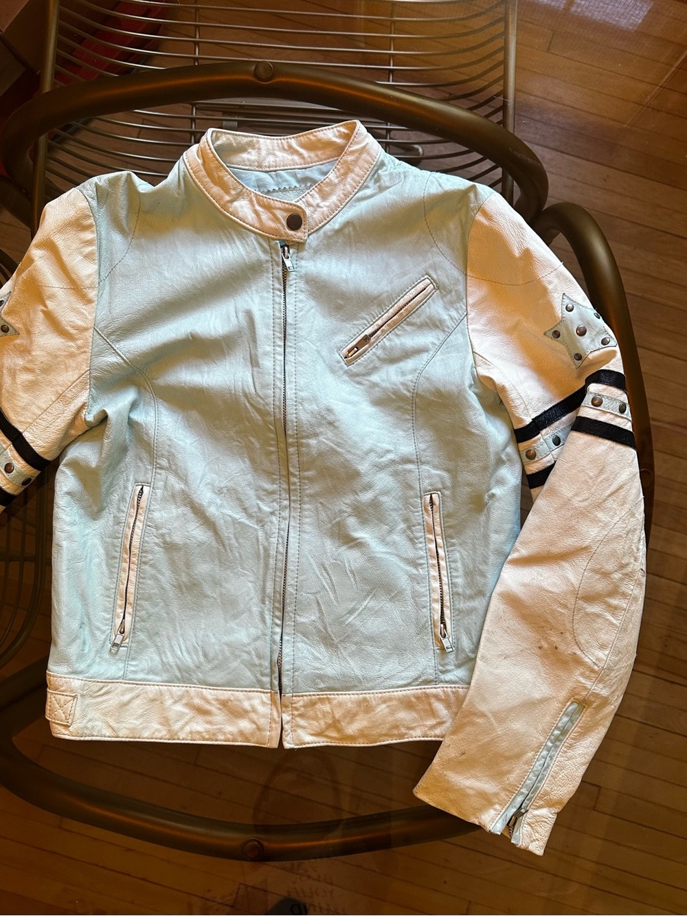 Vintage Bonita Studded Leather Jacket - Light Blue & White / Size M